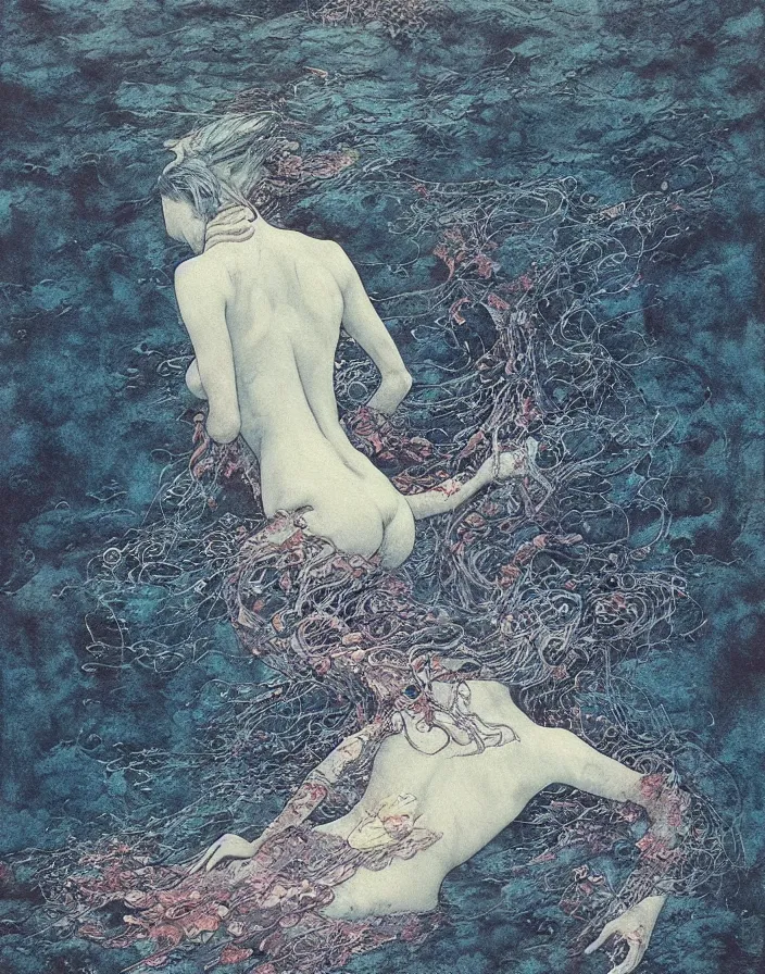 Image similar to a mermaid swimming deep underwater, high detailed beksinski painting, part by adrian ghenie and gerhard richter. art by takato yamamoto. masterpiece, dark and moody, deep colours, blue