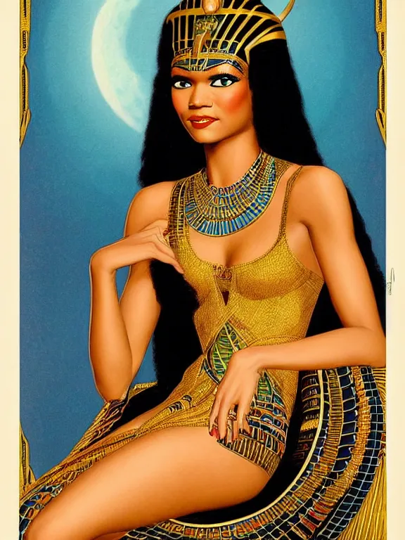 Image similar to zendaya as the Egyptian goddess bast, a beautiful art nouveau portrait by Gil elvgren, Nile river environment , centered composition, defined features, golden ratio, gold jewelry