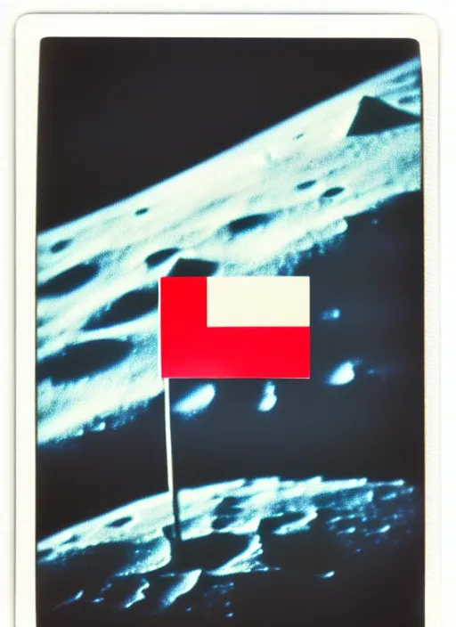 Prompt: polaroid of moonlanding in 1 9 5 0's finland flag on the moon, aesthetic, fine art, intricate, elegant, highly detailed, centered, phograph, art station, conceptual art, soft, sharp focus,