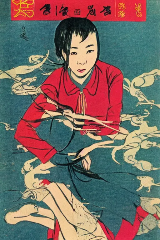 Image similar to 1 9 6 6 magazine color illustration of a young chinese woman who runs a demonic cult in shanghai