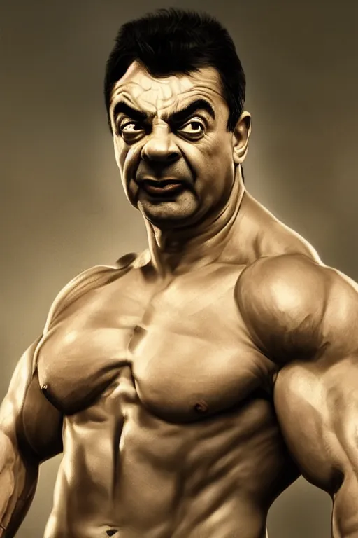 Image similar to upper body portrait of a hulking bulky swole steroids musclebound huge bodybuilder muscular herculean chiseled mr bean rowan atkinson, cinematic lighting, photorealistic, octane render, 8 k, depth of field, 3 d, art by artgerm and greg rutkowski and alphonse mucha and uang guangjian and gil elvgren and sachin ten