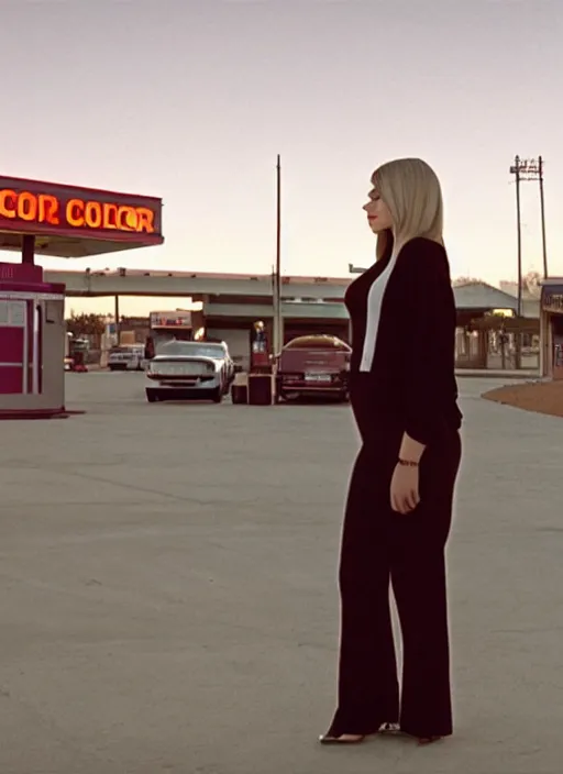 Prompt: a pov, color cinema film still of kylie jenner standing at a gas station, ambient lighting at night, from better call saul ( 1 9 9 9 ).