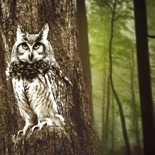 Image similar to mixture between an! owl and wolf, photograph captured in a dark forest