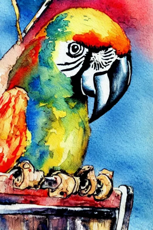 Prompt: a parrot on a pirate ship, abstract, vintage, artistic, sharp focus, masterpiece, watercolor, art in the style of joshy sly