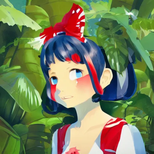 Prompt: a james gilleard of reimu in the jungle wearing bonnet