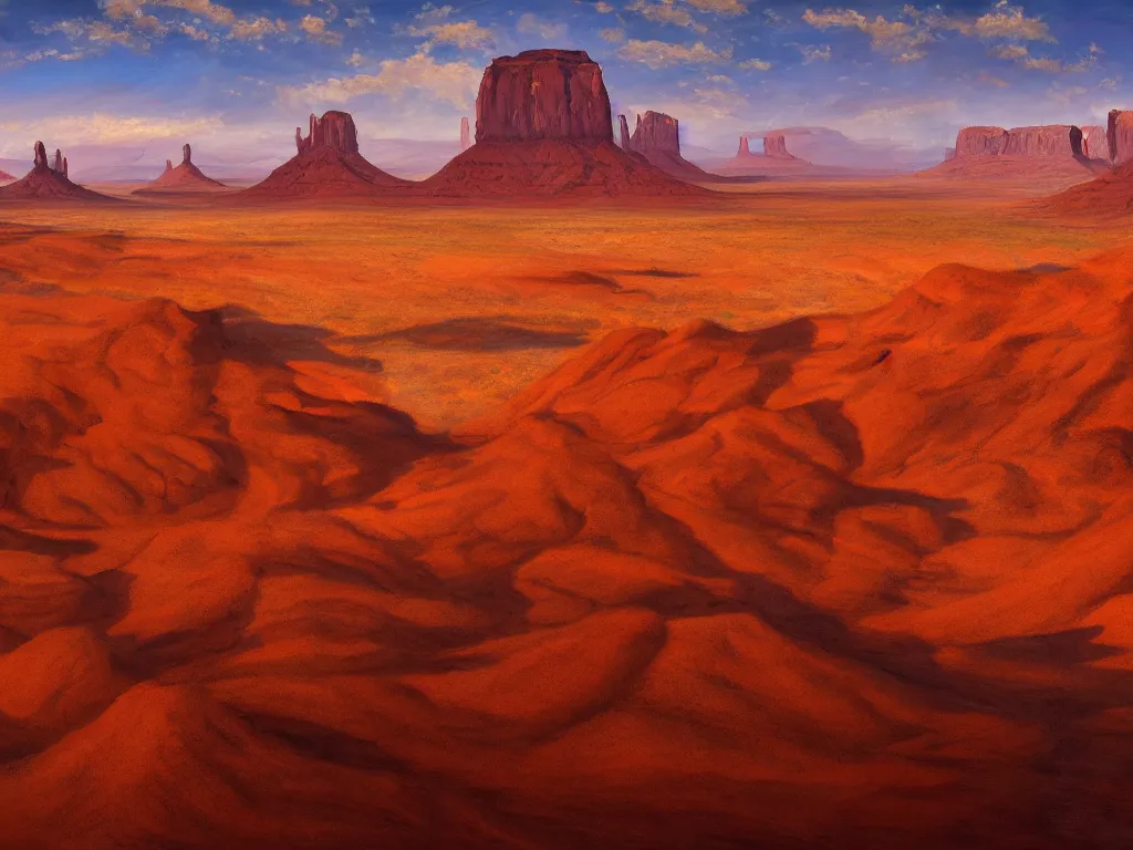 Prompt: a beautiful epic dramatic ethereal landscape painting of deep red sandstone buttes and mesas | monument valley, death valley, drumheller, grand canyon | golden hour, dramatic lighting, chiaroscuro, impressionist | by mark maggiori | trending on artstation