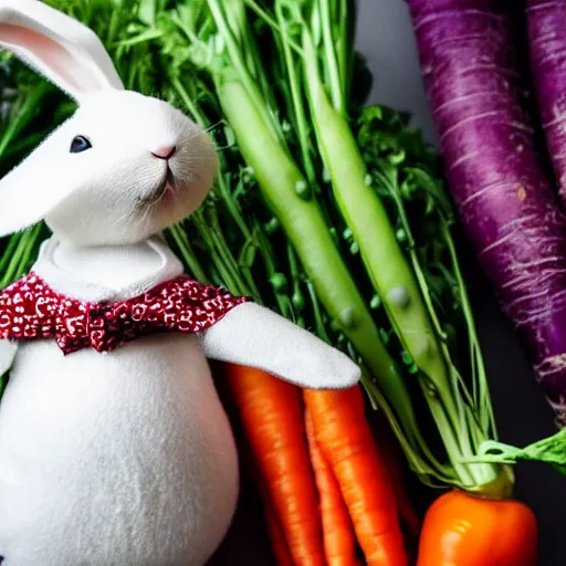 Prompt: a blind rabbit with sunglasses and vegetables!!! plays the piano in the style of ray charles. award winning photography, 5 0 mm. vegetables in the background include carrots, lettuce and small peas