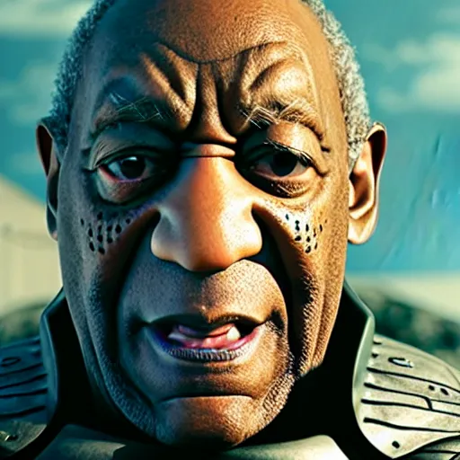 Prompt: Bill Cosby as 'Crusader-Patriot-Knight'!! in Morrowind, splash art, movie still, detailed face, photorealistic facial features, cinematic lighting, dramatic, octane render, long lens, shallow depth of field, bokeh, anamorphic lens flare, 8k, hyper detailed, 35mm film grain