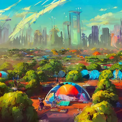 Prompt: hippie bohemian encampment with tie - dye tents and a garden with solar panels. a futuristic city in the distance. art by jesper ejsing, by rhads and tyler edlin, cgsociety, panfuturism, dystopian, bold colors, digital art, cyberpunk, expressive brushstrokes. anime aesthetic