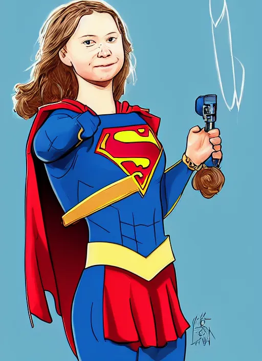 Image similar to greta thunberg as supergirl, detailed digital art, trending on Artstation