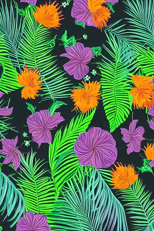 Image similar to Intricate detailed vector illustration of widel spaced tropical flowers and green reeds, multiple cohesive colors ranging from warms purples to bright oranges on a ((clearly visible very dark background)), 4K resolution