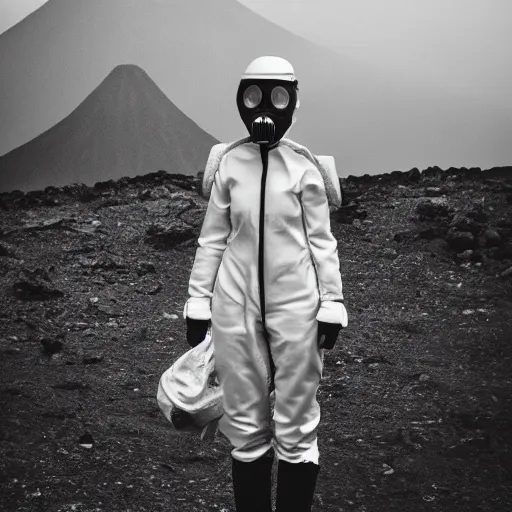 Prompt: white woman suit with gasmask, standing close to volcano, fire raining, professional photography, black and white, cinematic, eerie