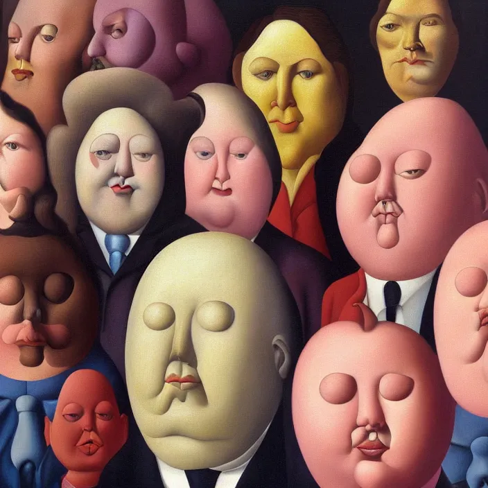 Prompt: group of people pictured in afternoon light, close - up of the faces, anatomically and proportionally correct, surrealist oil painting by botero, dora maar and rene magritte, detailed