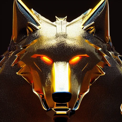 Prompt: chrome and gold wolf, glossy, metallic, neon, symmetrical, tribal patterns, realistic, unreal engine, octane, redshift, artstation, behance