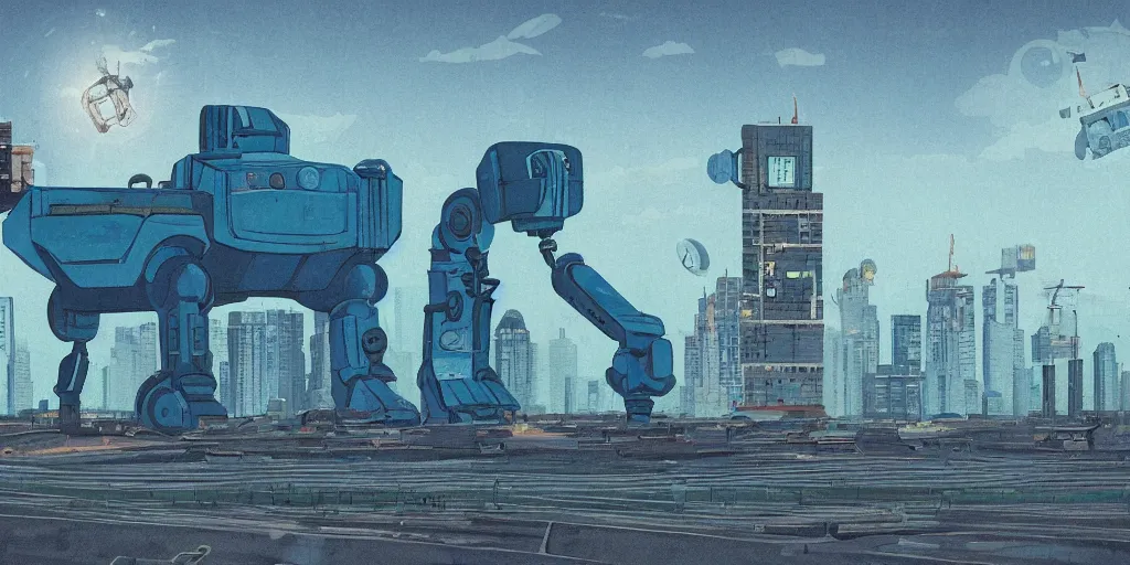 Prompt: retrofuturistic robot in panel post soviet city landscape in style of Simon Stalenhag, blue colour scheme
