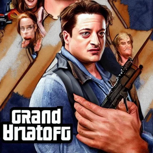 Prompt: Brendan Fraser in the style of a Grand Theft Auto Cover