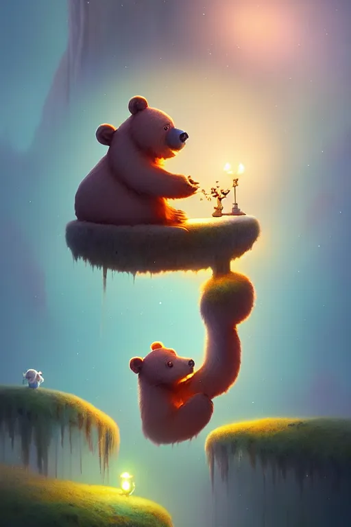 Image similar to a surreal Bioluminescent, very very very cute lost bear in a happy world by Daniel Merriam, Trending on Artstation, oil on Canvas by Elena Zhurikhina and Goro Fujita and Charlie Bowater, octane render, 4k, 8k, HD