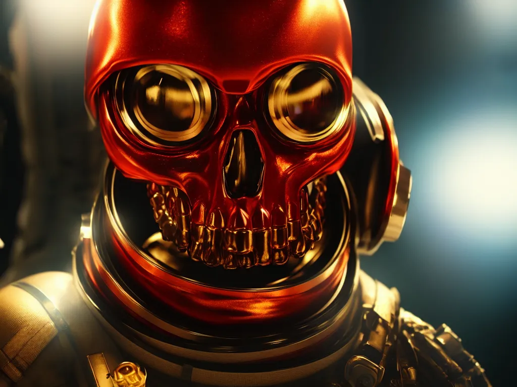 Image similar to angry ornate red skull in astronaut suit, gold linens, cinematic lighting, dramatic, octane render, long lens, shallow depth of field, bokeh, anamorphic lens flare, 8k, hyper detailed