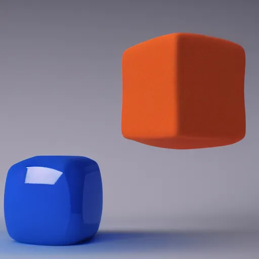 Prompt: one blue 1 2 8 8 cube and one orange cube, studio light, studio photo, 8 8 9 7, octane render