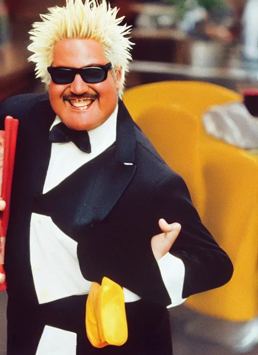 Image similar to vintage mcdonald's commercial depicting guy fieri wearing a tuxedo, by saul leiter