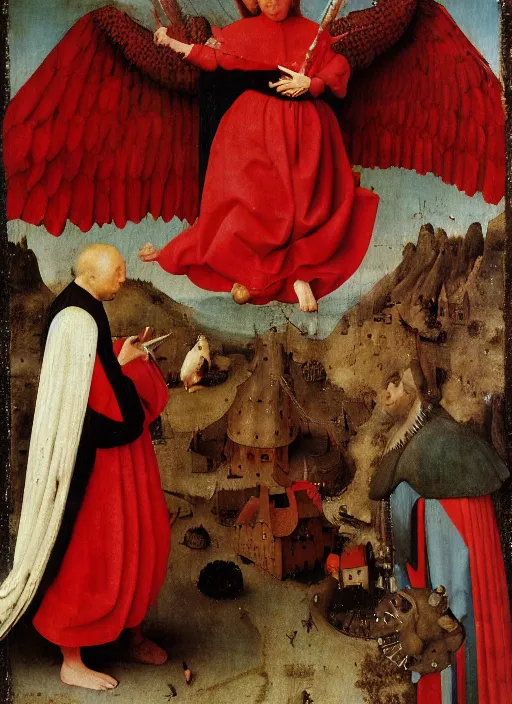 Prompt: flying fallen angels dressed in red with wings by Jan van Eyck, Hieronymus Bosch, Johannes Vermeer 4k post-processing, highly detailed medieval painting