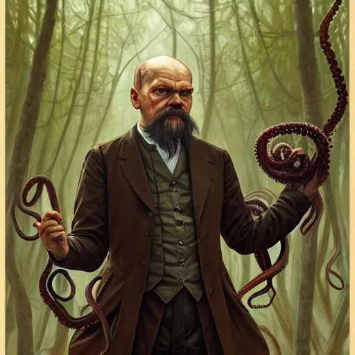 Prompt: photo of vladimir lenin as humanoid octopus with tentacles beard hybrid were a heroic dress an armour in the forest, highly detailed, digital painting, artstation, smooth, sharp focus, illustration, art by artgerm and greg rutkowski and alphonse mucha