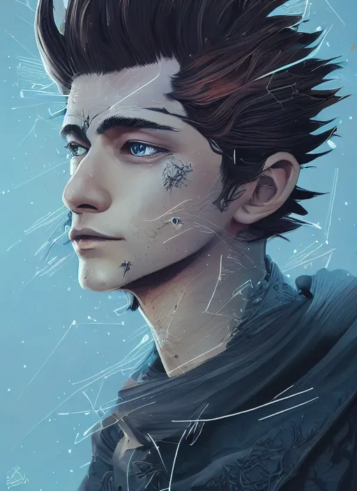 Prompt: beauty boy with a crows nest on his head, cruelty, black crows, light effect, hyper detailed, intricate, elegant, highly detailed, digital painting, rule 3 4, artstation, concept art, matte, sharp focus, illustration, by dan mumford, yusuke murata, makoto shinkai, ross tran