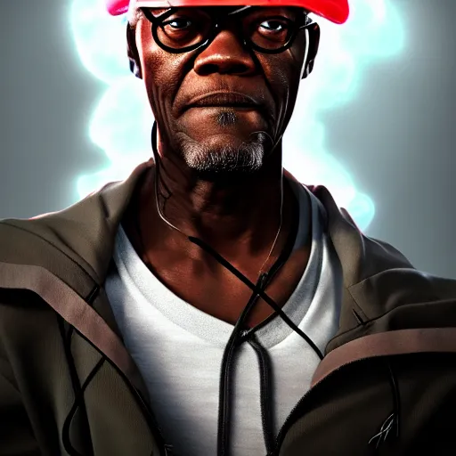 Prompt: Portrait of Samuel L. Jackson as Ekko from league of legends, anger, mystery, fear, highly detailed, ominous vibe, smoke, octane render, cgsociety, artstation, trending on ArtStation, by Marie Magny