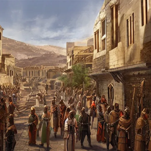 Prompt: people in the streets of Parossos, the port capital of the Eastern Lamphian Empire, in the year 1165. matte painting by James Gurney.