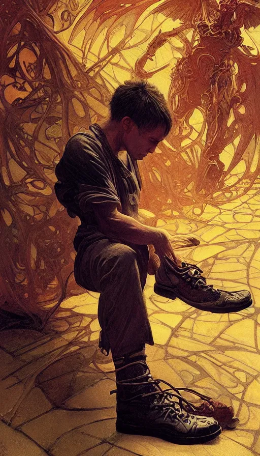 Prompt: portrait of a demon wearing toe shoes ( vibram five fingers ), digital art, technicolor, grim - lighting, high - contrast, intricate, elegant, highly detailed, centered, digital painting, artstation, concept art, smooth, sharp focus, illustration, artgerm, greg rutkowski, alphonse mucha, steve argyle