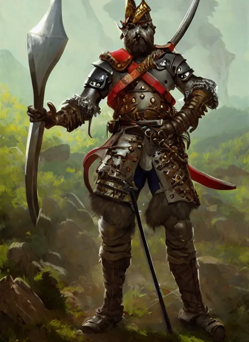 Image similar to strong young man, photorealistic bugbear ranger holding sword, fire magic, black beard, dungeons and dragons, pathfinder, roleplaying game art, hunters gear, jeweled ornate leather and steel armour, concept art, character design on white background, by sargent, norman rockwell, makoto shinkai, kim jung giu, artstation trending, poster art, colours red and green