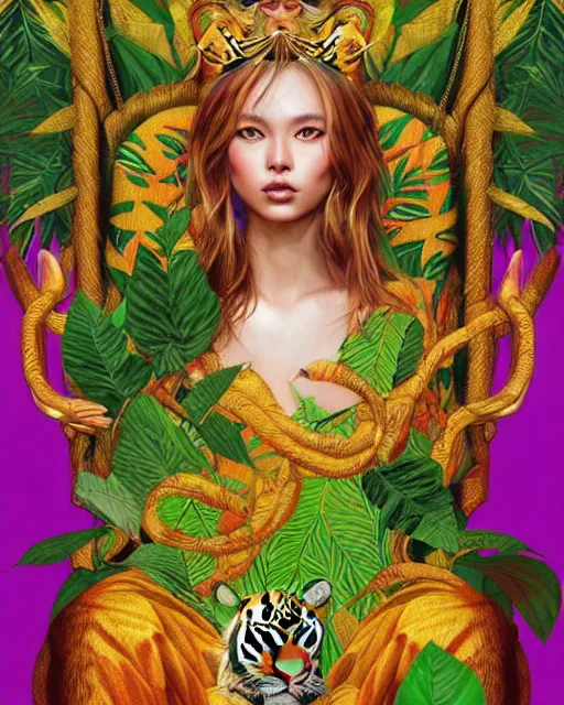 Prompt: digital art, portrait of woman - tiger on a throne, throne is spangled in green and golden leaves, majestic, tropical setting, greenish colors, powerfull by james jean and by artgerm, ultradetailed, charachter design, oil painting, trending on artstation,