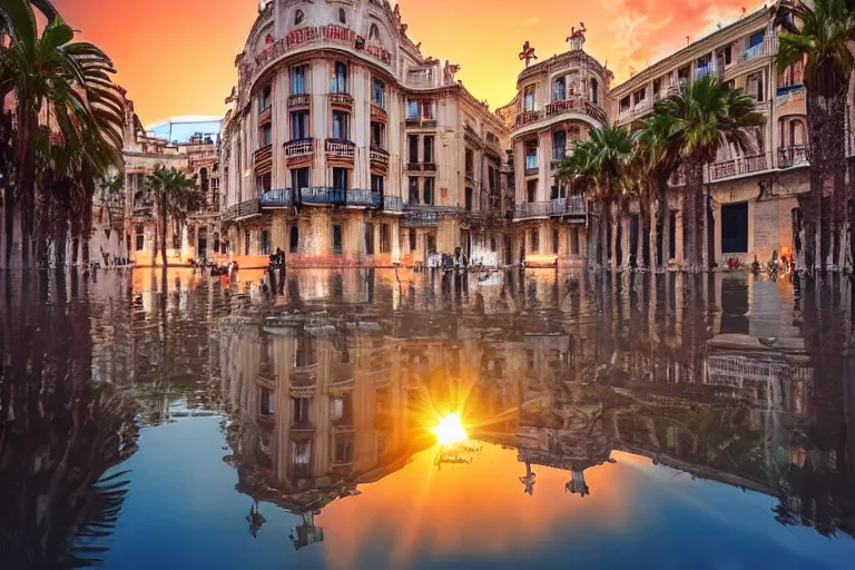 Image similar to touristic ads to visit a catastrophic barcelona, buildings covered with high water, floating cars, sunset lighting, photo real