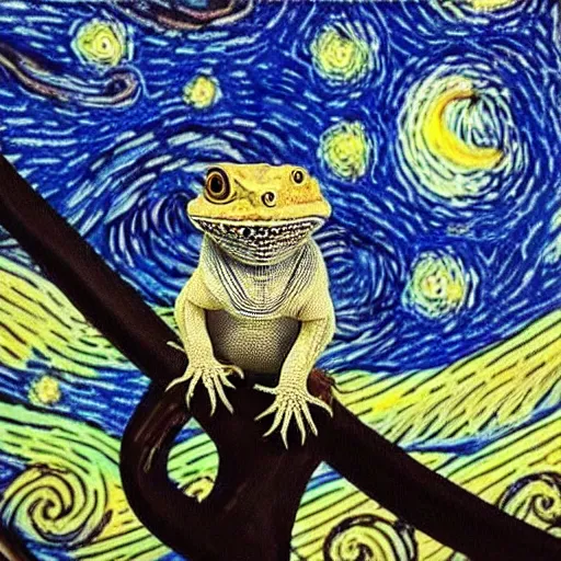 Prompt: Bearded Dragon, Starry Night inspired