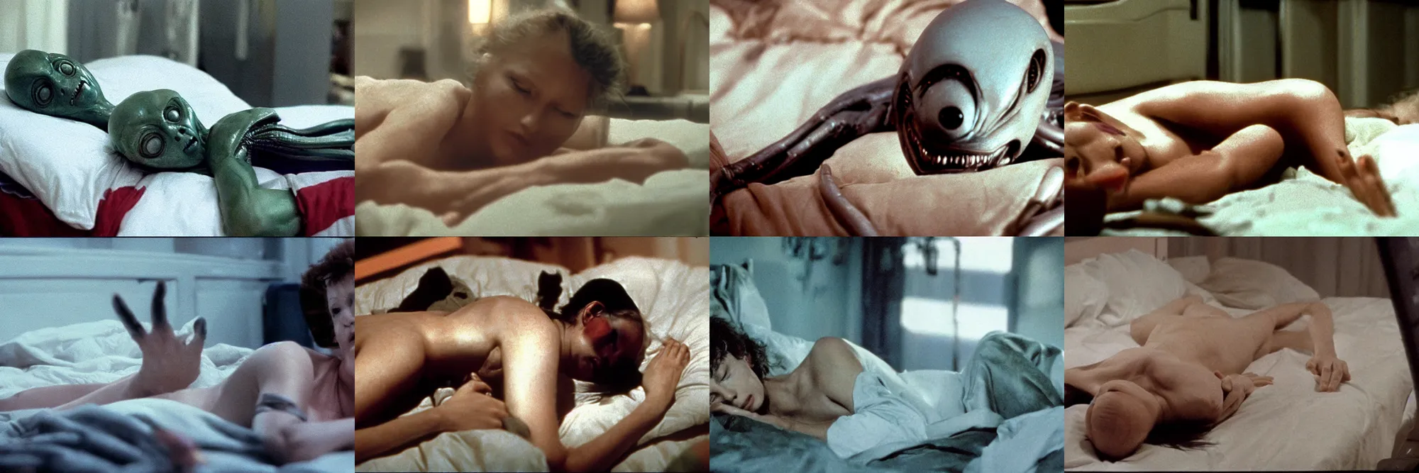 Prompt: color film still, alien sleeping on the bed ; alien 2 ( 1 9 8 6 )