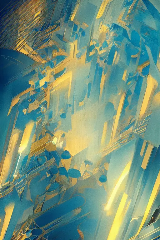 Image similar to art deco abstrct patterns, blue and gold, 8 k, powerfull, intricate, elegant, volumetric lighting, digital painting, highly detailed, artstation, sharp focus, illustration, concept art, ruan jia, steve mccurry, beksinski