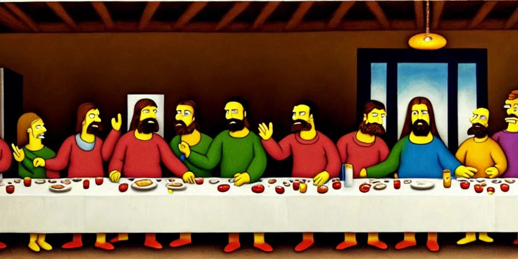 Image similar to last supper styled as simpsons, art, trending in artsation, winning award painting, oleo style,