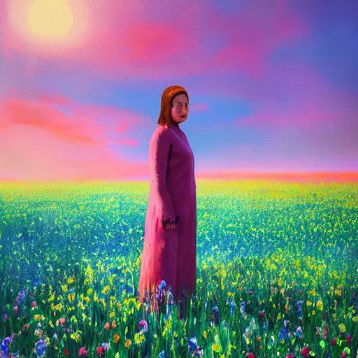 Image similar to woman with blooming flower face, standing in flower field, surreal photography, sunrise, impressionist painting, colorful clouds, artstation, dali, simon stalenhag