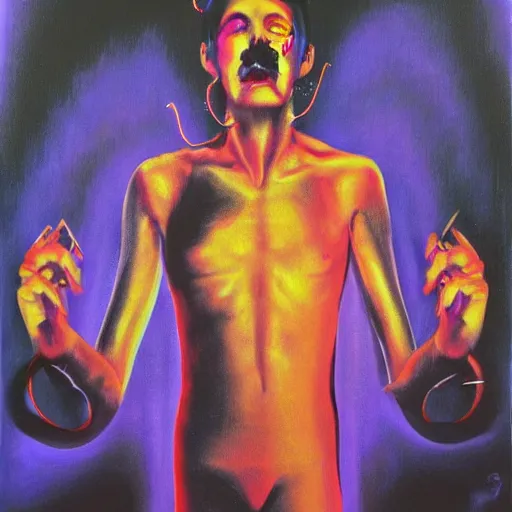 Image similar to Freddy Mercury and his internal demons, surrealist painting