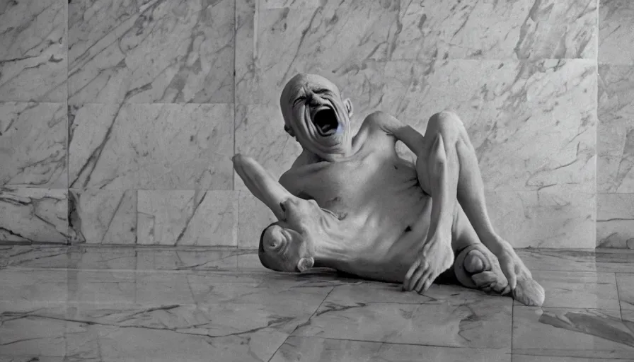 Prompt: 1 9 6 0 s movie still of chrysippus on the floor laughing hysterically mouth large open in a neoclassical room with marble tiles, cinestill 8 0 0 t 3 5 mm b & w, high quality, heavy grain, high detail, texture, dramatic light, anamorphic, hyperrealistic