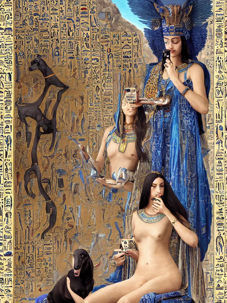 Image similar to portrait of a beautiful female ancient Egyptian goddess next to the god Anubis as a whippet, blue lotus flowers grow around them, checking her iphone by Alessio Albi, painted by Artgerm, by Marc Simonetti, by Ernst Haeckel