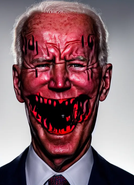 Image similar to hyper realistic ultra realistic horror terror dimensional photo furious glowing red eyes biden, high quality photo, detailed , 8k