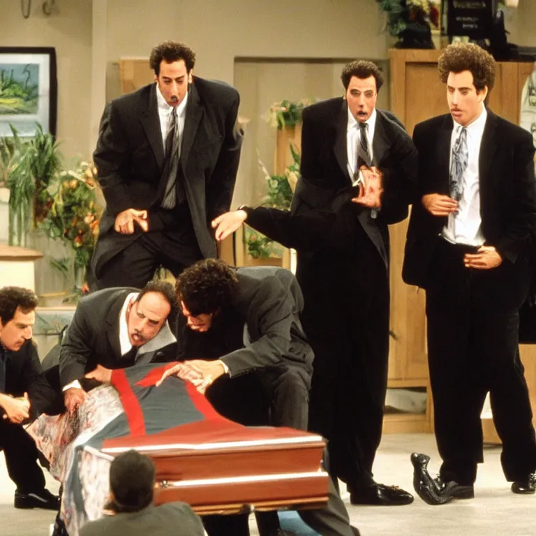 Prompt: Elaine Benes, Jerry Seinfeld, and Kramer at George Costanza's fake funeral, hyper realistic, Photorealistic, high quality