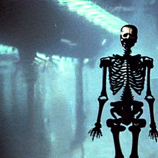 Image similar to a glowing skeleton walking. still from blade runner.