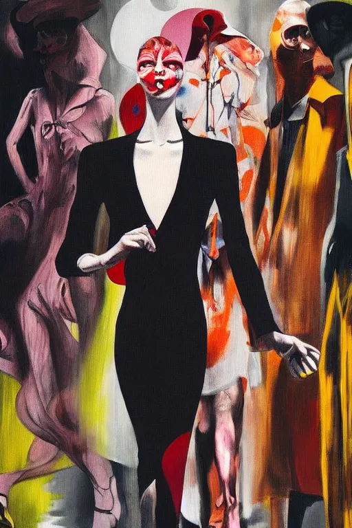 Image similar to crazy fashion catwalk, one model, crazy clothes, hauntingly surreal, highly detailed painting by francis bacon, edward hopper, adrian ghenie, gerhard richter, and james jean soft light 4 k,