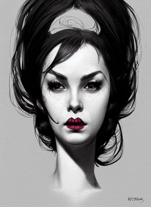 Image similar to portrait of a woman with a crooked nose and a confident expression, 1 9 6 0 s, black clothes, punk, funk, intricate, elegant, highly detailed, digital painting, artstation, concept art, smooth, sharp focus, illustration, art by wlop, mars ravelo and greg rutkowski