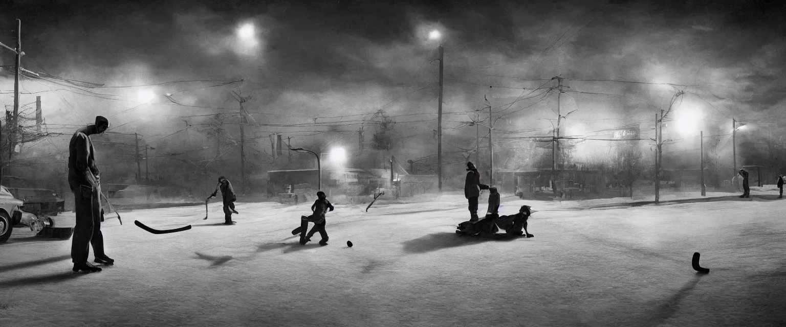 Prompt: detailed sharp photograph in the style of popular science circa 1 9 5 5 and gregory crewdson of an hockey game