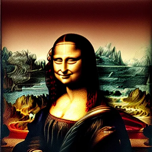 Prompt: failed restoration of mona lisa, modernized features, partly ruined painting