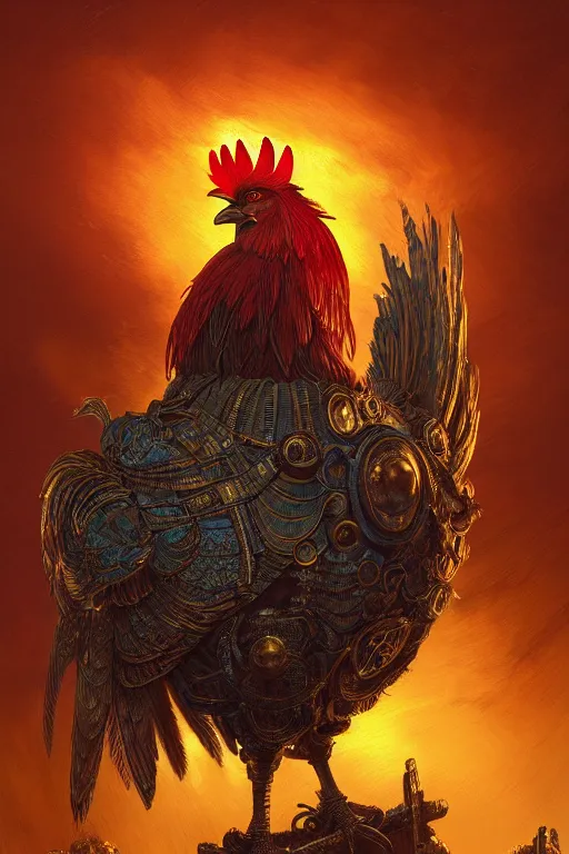 Image similar to a beautiful tarot card artwork of a rooster in armour, horror, backlit, gloomy sky, highly detailed, digital painting, intricate golden threads, by eddie mendoza and greg rutkowski and dan mumford and artgerm, vivid colors, detailed shading, 8 k resolution, intricate, smooth