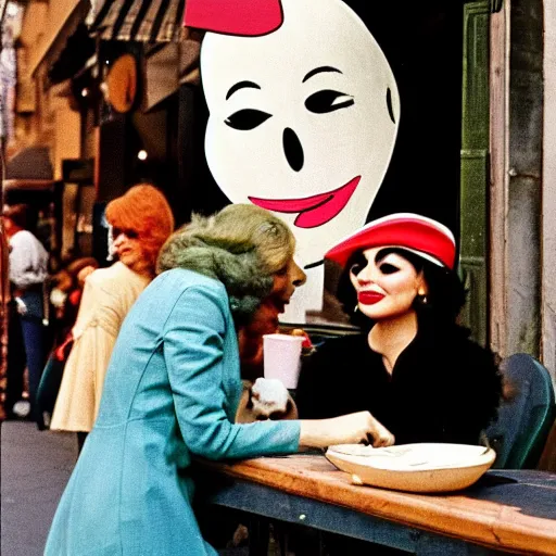 Image similar to professional archival photo of a glamorous woman and her friend, a puppet that looks like Caspar the Friendly Ghost, in a sidewalk cafe in paris, wearing berets, 16mm film soft color, earth tones and some primary colors 1976, archival footage, in style of doris wishman russ meyer, woman looks like sofia loren